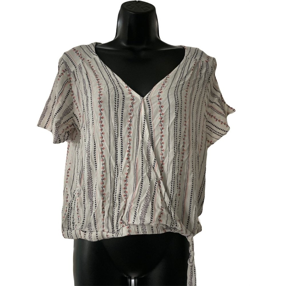 Pink Rose Large Floral Cross Bottom V Neck Blouse